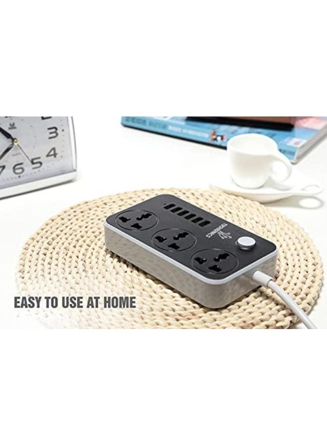 3 Way Power Strips Extension Cords | Adapter Extension 6 USB Charging Ports | 3 Universal Plugs Power Strip With 2 Metres Surge Protection Cable Extension Black/Grey 150x97x30mm - Image 5